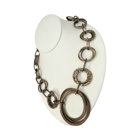 Silver Tone Circle Statement Necklace 26" Gunmetal Chain Link Boho Heavy - Picture 5 of 10